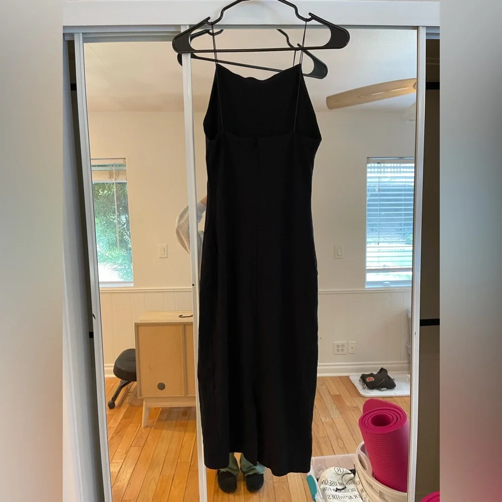 Sleek Sexy Reformation Black Ribbed fitted Midi Dress with thin spaghetti straps - Picture 9 of 15